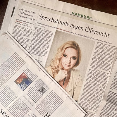 Abbildung einer Zeitungsseite mit einem Bild von Liebeskummer Coach Daniela van Santen und einem Zeitungsartikel über ihre Liebeskummerpraxis